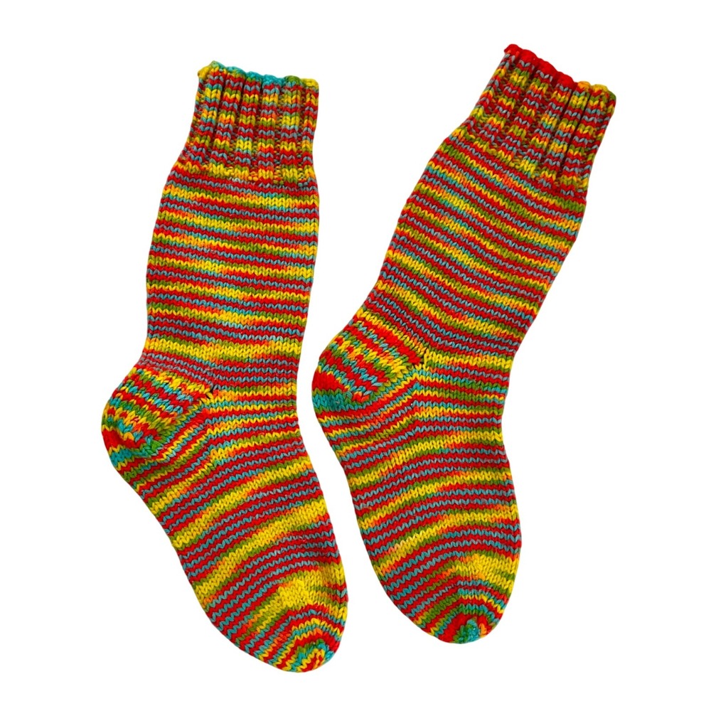 Hand Knit Rainbow Striped Crew Slipper Socks Multicolored Boho Cozy Unisex